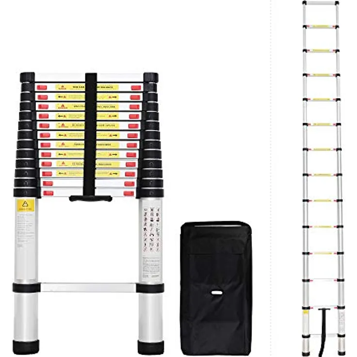 Todeco - Teleskopleiter, Klappleiter - Maximale Belastbarkeit: 150 kg - Standard/Zertifizierung: EN131-4,1 Meter, GRATIS Tragetasche, EN 131