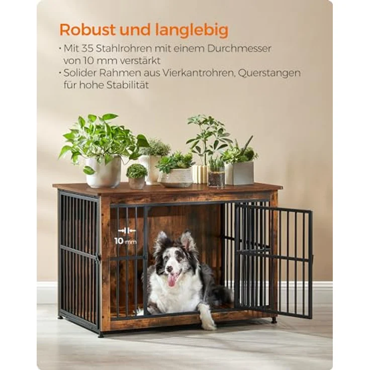 Feandrea Hundekäfig Möbel, Beistelltisch, Hundebox für 32 kg Hunde, vintagebraun, 2 Türen, geschlossener Boden – Bild 3
