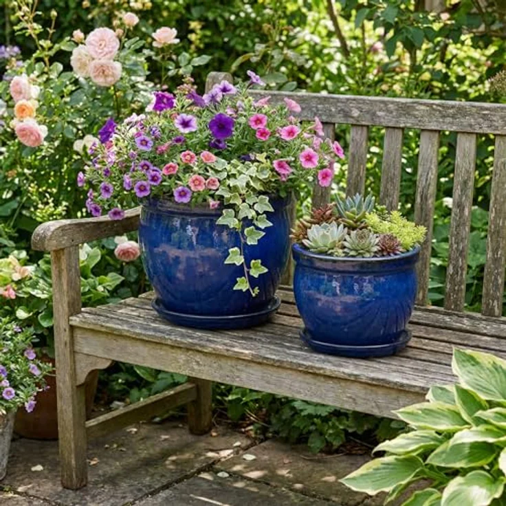 Teramico Blumenkübel Keramik Ø 21cm, frostfester Pflanztopf mit Untersetzer aus handgefertigtem Steinzeug, glasiert in Royal Blau für Innen & Außen – Bild 3