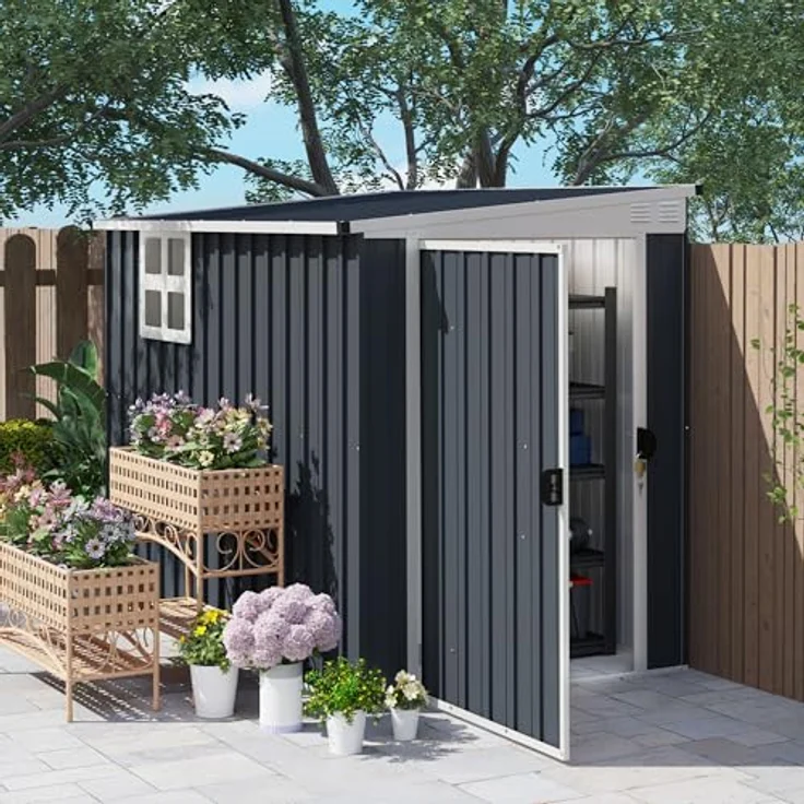 Outsunny Metall Gerätehaus 2,7m² Gartenhaus Dunkelgrau mit Pultdach und abschließbarer Tür – Bild 2