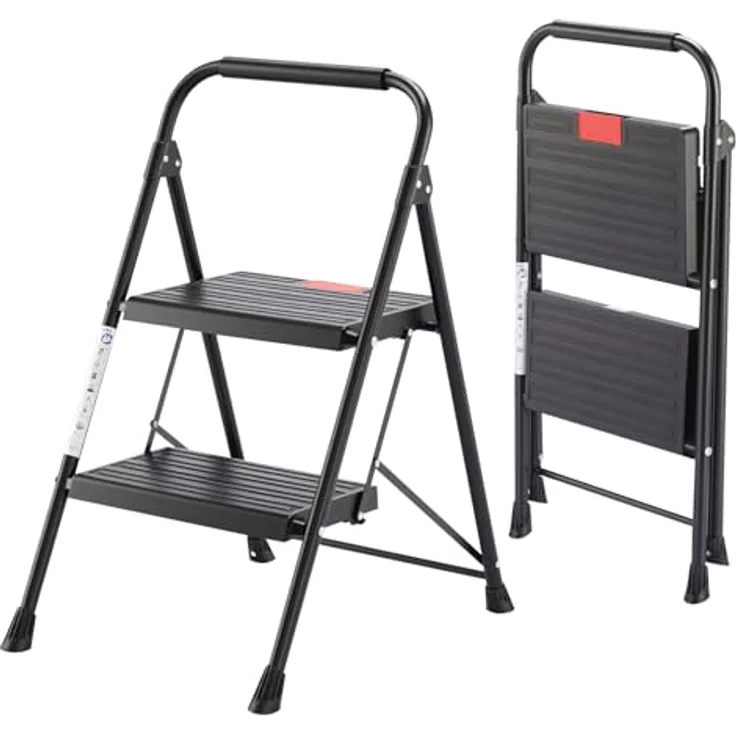 Sweetcrispy Trittleiter 2 Stufen klappbar, stabile Anti-Rutsch-Leiter mit Handlauf, bis 150 kg belastbar, leicht und kompakt, schwarz – Bild 1