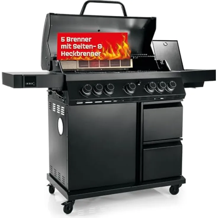 LANDMANN COOL BLACK 5.2 Gasgrill, 5 Brenner, 800 °C maxX-Zone, große Grillfläche, Thermobox & 2 Schubladen, BBQ-Thermometer, Modulus-Gussrost-System für Wok & Pizzastein