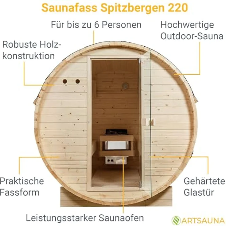Artsauna Fasssauna Spitzbergen 220, 6 Personen, Fichtenholz, 8 kW Elektro-Ofen, Komplett-Set, Naturfarben – Bild 3