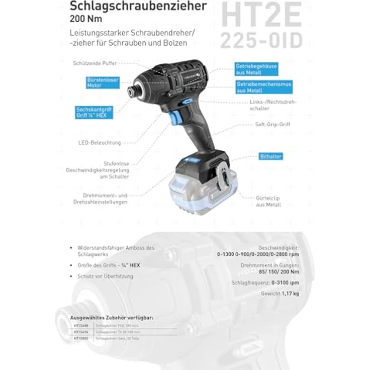 HÖGERT TECHNIK Akku-Schlagschrauber 18V, Bürstenlose Prallbügelmaschine mit 200 Nm Drehmoment, 1/4'' HEX, 3 Drehmomentstufen, LED-Beleuchtung, Metallgetriebe, ohne Akku – Bild 5