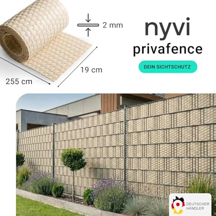 NYVI Privafence Polyrattan Sichtschutzstreifen, Beige, 10 Rollen (25,5 m), wetterfest und UV-resistent, passend für Doppelstabmattenzaun – Bild 2
