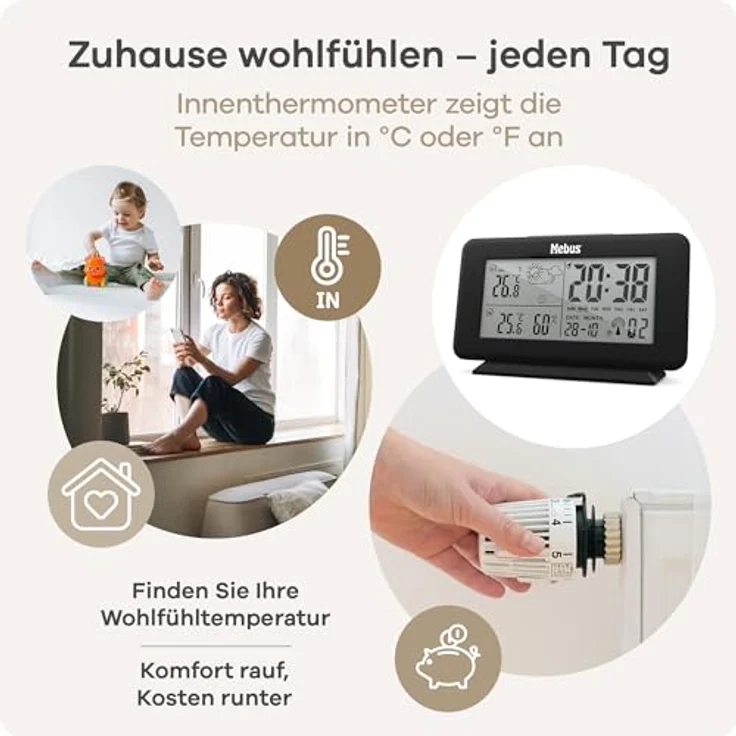 Mebus Digitale Funk-Wetterstation 40689, Wettervorhersage, Außensensor, Thermometer innen und außen, Kalender, backgroundbeleuchtung, Schwarz – Bild 4