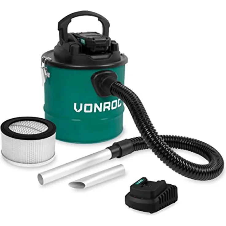 VONROC Kabelloser Aschesauger, 20 V, 12 l Behälter, Blasfunktion, HEPA Filter waschbar, für Kamin und Werkstatt