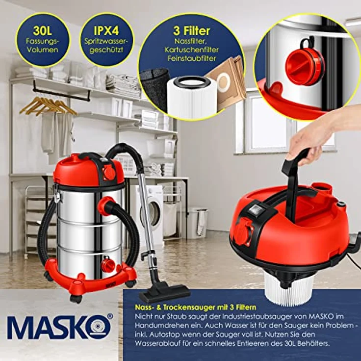 Masko® Industriestaubsauger Staubsauger Nass Trocken Sauger Edelstahl 2300W + Steckdose | Blasfunktion | Trocken-Saugen & Nass-Saugen | Push&Clean | Industrie-Sauger mit & ohne Beutel | beutellos – Bild 5