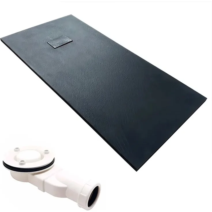 Bad Land VIDAR Rechteck Duschwanne 160x90 cm, Verbundwerkstoff in Schwarz mit Steinoptik und bodenbündigem Ablauf