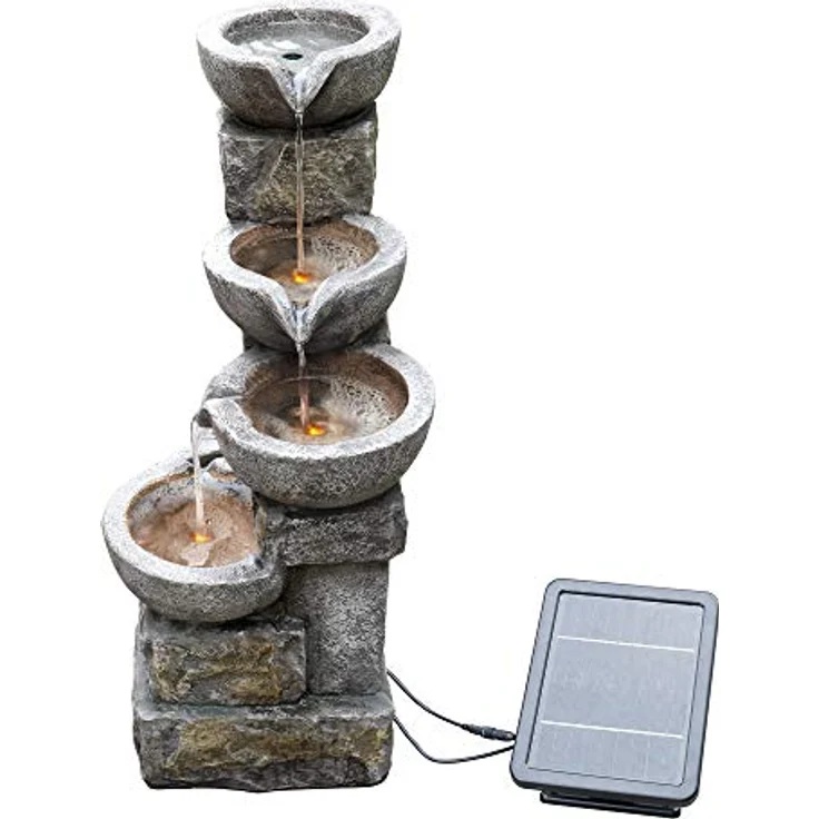 Teamson Home Solar-Wasserbrunnen aus Stein mit Ornamenten und LEDs PT-SF0003, 8 Liter Fassungsvermögen, 160 L/H Durchflussrate, 2M Kabellänge, Lithiumbatterie 7,4V/2000mA, 120V Spannung, 68,6 x 43,2 x 30,5 cm, für Innen- und Außenbereich geeignet, Batterie-Backup-Pack – Bild 5