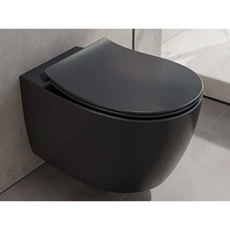 Aqua Bagno | Spülrandloses Hänge-WC, Keramik Toilette in schwarz matt, Wand-WC, Tiefspüler WC, randlos | 51 cm lang – Bild 3