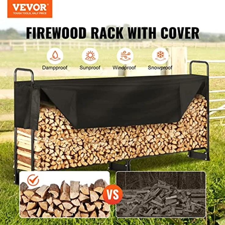 VEVOR Kaminholzregal Metall 259x36x117cm, Brennholzregal mit 300kg Tragfähigkeit, pulverbeschichtet und wasserdichter Abdeckung für Garten und Terrasse – Bild 2