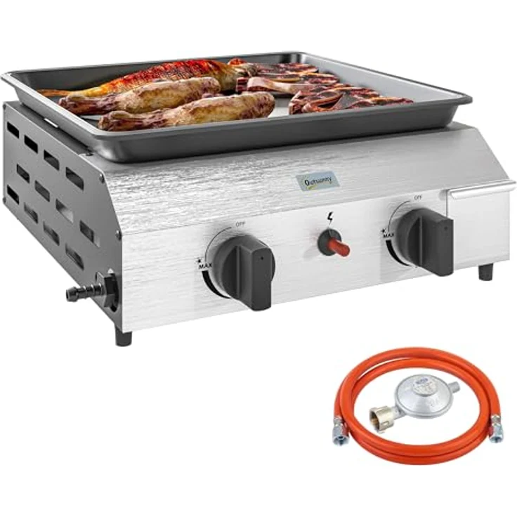 Outsunny Gasgrill 8000BTU/2,4 KW Grillwagen inkl 2 Edelstahl-Brenner Druckminderer Gasschlauch verstellbare Beine Kochplatte, BBQ Gartengrill für Balkon, Camping-Grill 44 x 44,5 x 19 cm, Email beschichtete Metallplatte, piezoelektrische Zündung, kompakte Größe -  blau – Bild 1