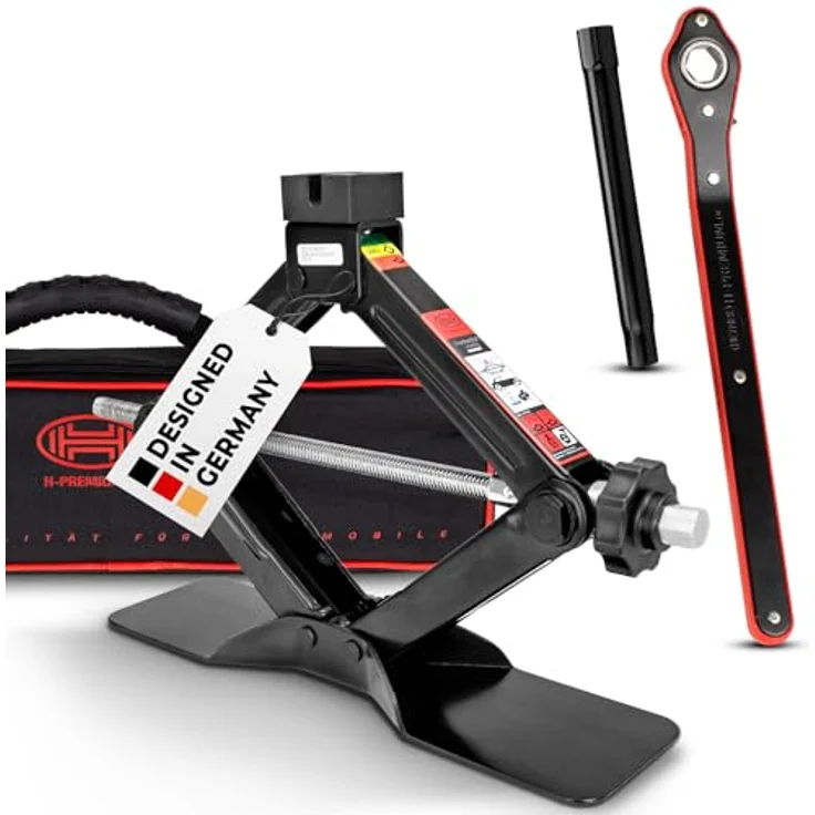 HEYNER® Scherenwagenheber 1,5 t, Ratsche mit Tasche und Gummiauflage, TÜV zertifiziert, geeignet für VW, Seat, Skoda, Audi PKW, Hubhöhe 104-380 mm – Bild 1