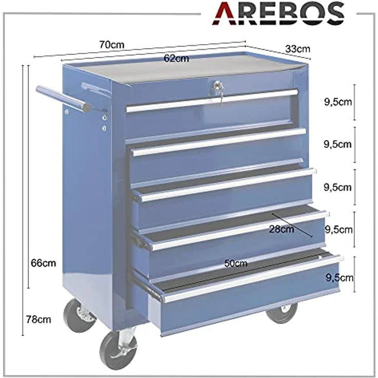 Werkstattwagen Werkzeugwagen Rollwagen Toolbox 5 Schubladen kugelgelagert - Blau - Arebos – Bild 5