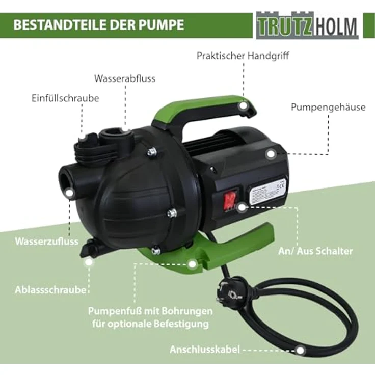 TRUTZHOLM Gartenpumpe 1000 W 3200 l/h Förderhöhe 44 m Förderdruck max. 4,4 bar 1" Anschluss Jetpumpe Druckpumpe Saugpumpe zur Gartenbewässerung, blau mit praktischem Handgriff und stabilem Pumpenfuß – Bild 4