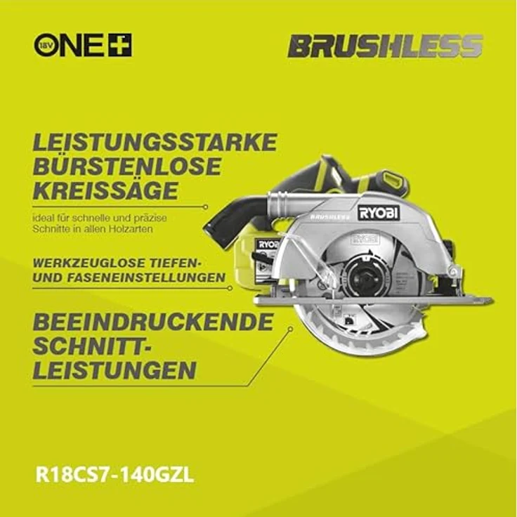 RYOBI 18 V ONE+ Brushless Akku-Handkreissäge R18CS7-140GZL (Sägeblatt-Ø 184mm, Schnitttiefe 90°/45° 60/42mm, werkzeuglose Tiefeneinstellung, inkl.Sägeblatt, Parallelanschlag, 4,0Ah Akku & Ladegerät) – Bild 4