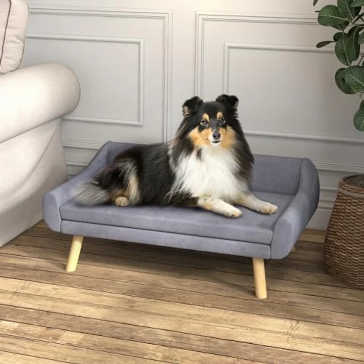 PawHut Hundesofa Katzensofa mit Rückenlehne, Hundecouch mit Holzbeine, Haustiersofa mit Kissen, Hundebett für mittelgroße und große Hunde, Samt, Grau, 102 x 58,5 x 42,5 cm – Bild 2