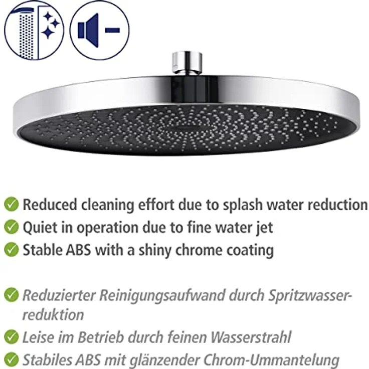 WENKO Softwater Duschkopf, Regenduschkopf, Universalbrause spritzarm und leise in der Funktion, Duschbrause, super sanftes Wasser dank mehr Düsen am Brausekopf, Duschkopf Ø 26 cm, ABS Chrom/Schwarz – Bild 5