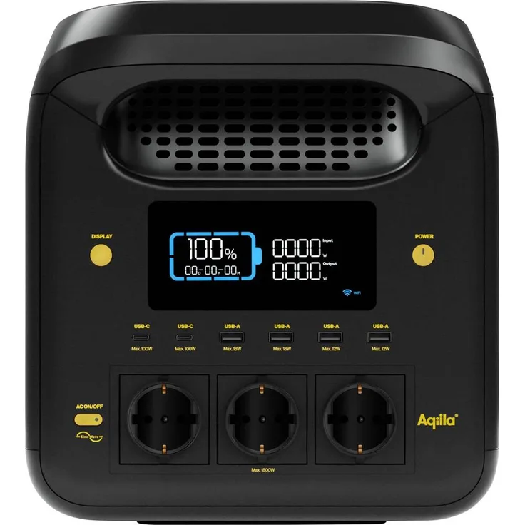 Aqiila S1800V2 Powerstation 24Ah LiFePO4, 1800W Leistung, Schwarz/ Gelb, LCD-Statusanzeige, LED Taschenlampe