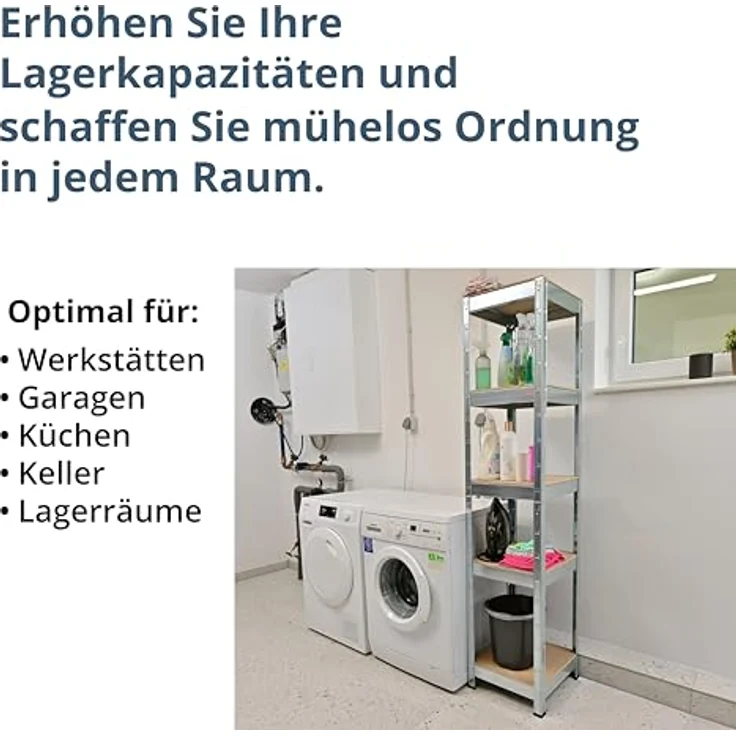 SCHULTE Regalwelt Schwerlastregal mit 5 Holzböden, 180x45x45 cm (HxBxT), Traglast pro Ebene ca. 200 Kg, verzinkt, Lagerregal, Kellerregal, Werkstattregal, Steckregal – Bild 4