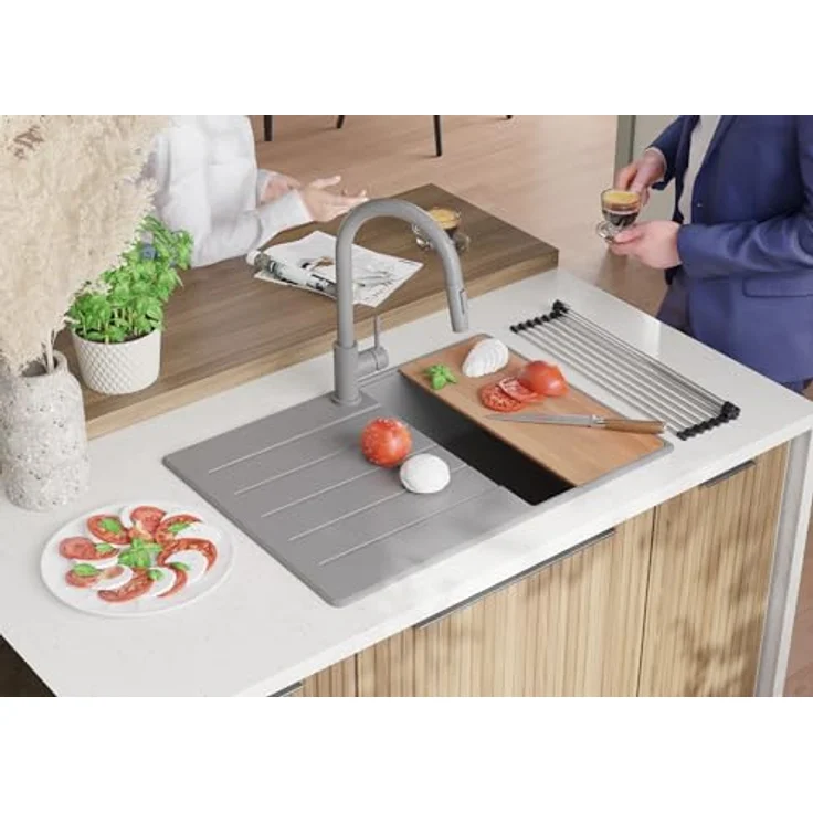 Primagran Spülbecken Grau 70x50cm, Granitspüle 1 Becken mit Schneidebrett - Hitze- und schlagresistent, fleckenbeständig – Bild 3