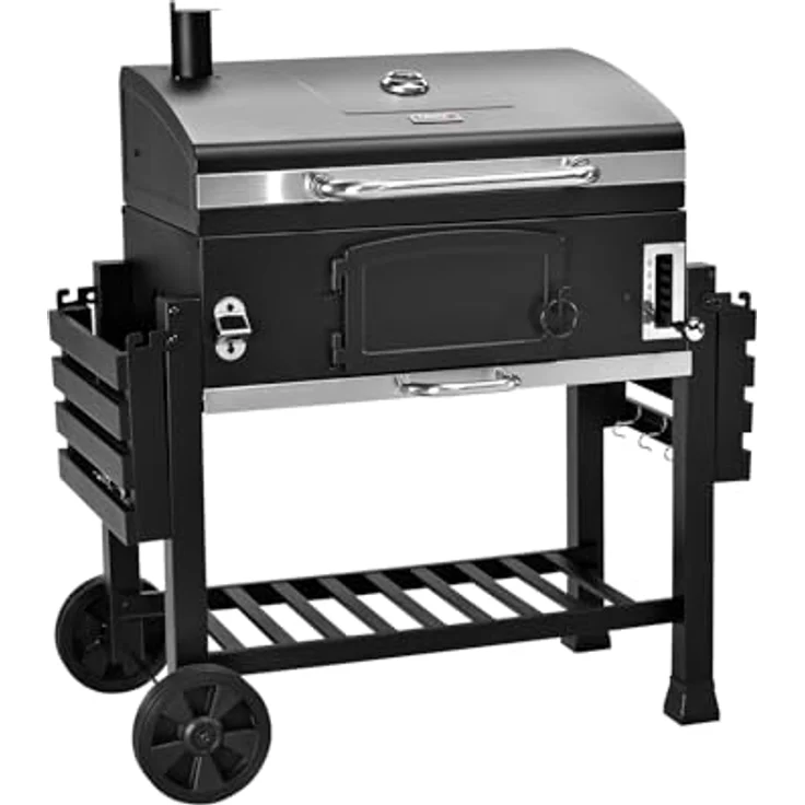 TAINO HERO XXL Smoker Holzkohlegrill Set, mit Abdeckhaube, Grillplatte und höhenverstellbarer Holzkohle-Wanne, 142 x 46 x 111 cm, inkl. Thermometer und klappbaren Seitentischen – Bild 5