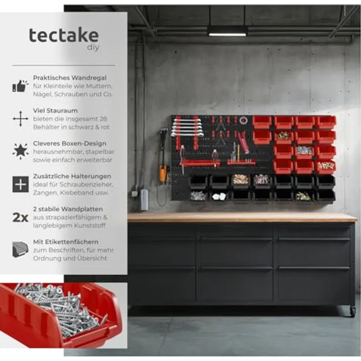 tectake® Kleinteilemagazin Werkzeugwand, flexibel erweiterbar mit 28 stapelbaren Boxen in Schwarz und Rot, sortierbares Werkstattregal für Schrauben und Muttern – Bild 2