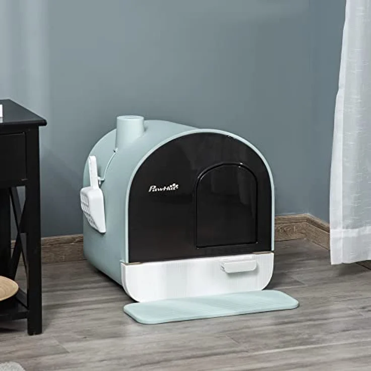 PawHut Katzentoilette Toilette mit Haube für Katzen bis 5 kg Katzenklo mit Deckel inkl. Schaufel ausziehbares Tablett Katzenstreu Matte Kunststoff Grün 43 x 44 x 47 cm – Bild 2