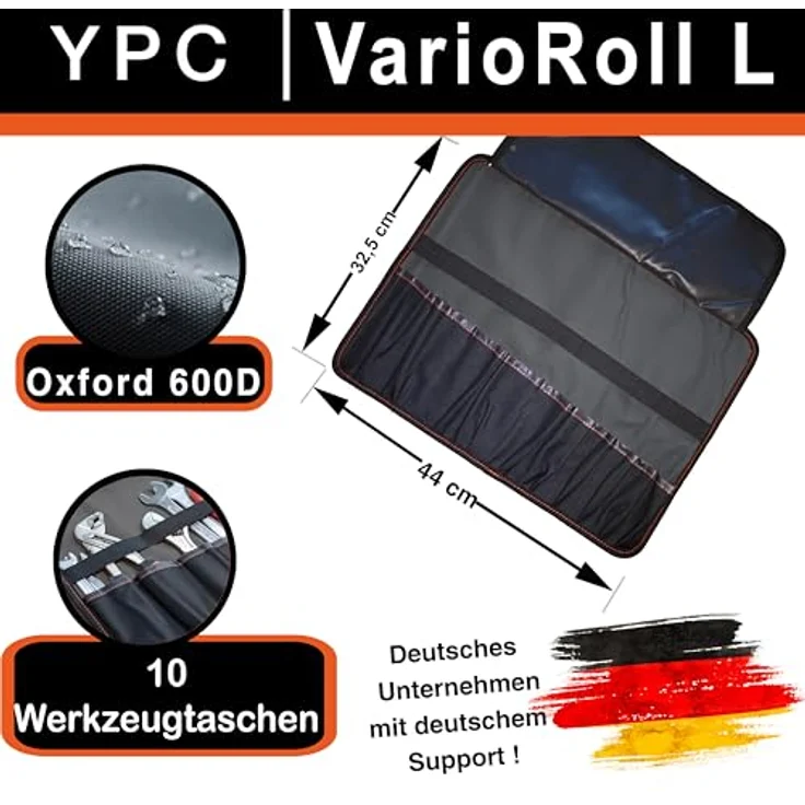 YPC VarioRoll L, Werkzeugrolltasche 45x32cm mit 10 Steckfächern und 4 Halteschlaufen, robustes wasserfestes Oxford 600D Polyester – Bild 2