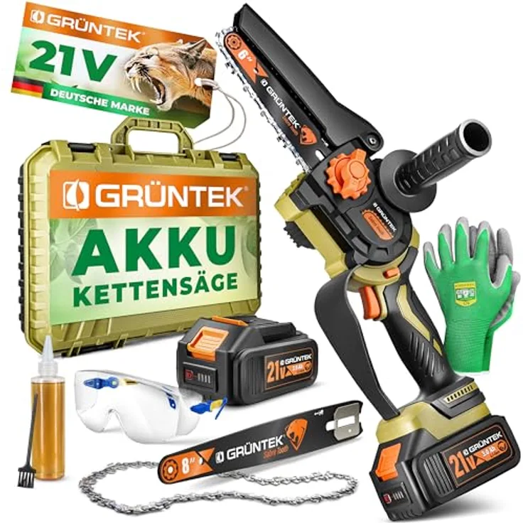 GRÜNTEK Akku Kettensäge 21V, Mini Motorsäge mit 2 Akkus, 1050W Brushless Motor, 6" und 8" Schwert, inkl. Sicherheitszubehör im Koffer