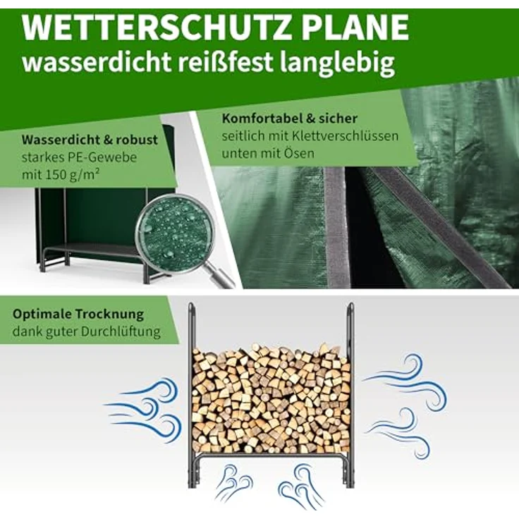 TTL GARDEN Kaminholzregal S, 100x36x116cm schwarz, wetterfeste Abdeckung, metallischer Stahlrohrrahmen, bis 200kg Holz, für innen & außen – Bild 4
