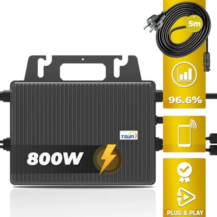 VENDOMNIA SUNNIVA® 1300W Balkonkraftwerk, 800W Steckdosensystem, 2x 500W Bifazial-Glas-Glas Module, schwarz, inklusive 5m Anschlusskabel, TSUN 800W Wechselrichter – Bild 3