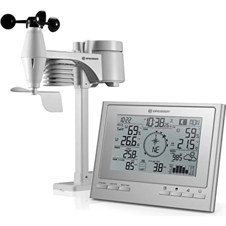 Bresser Wetterstation Funk mit Außensensor 7-in-1 Wetter-Center ClimateScout mit Profi-Außensensor, silber – Bild 1