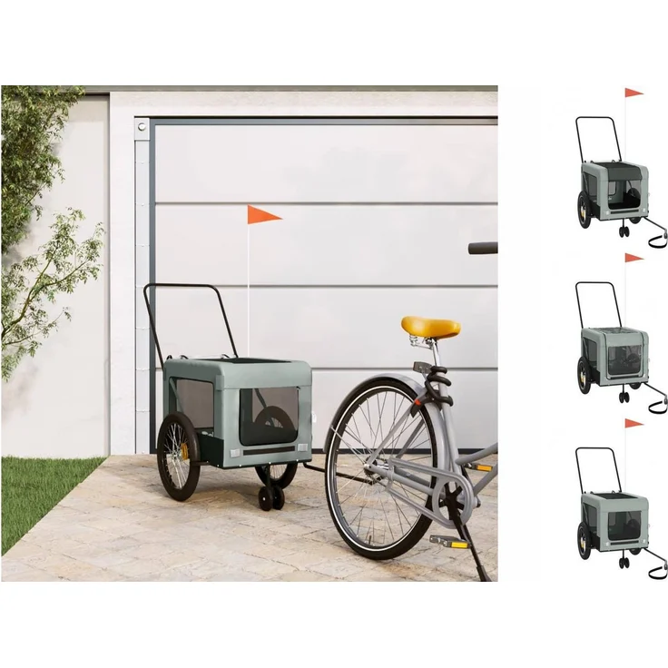 vidaXL Hunde-Transportbox Fahrradanhänger Hunde Grau und Schwarz Oxford-Gewebe und Eisen, Große Hinterräder für ruhige und sichere Fahrt – Bild 1