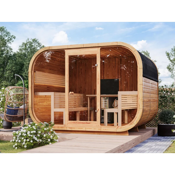 Fjordholz Fass-Sauna Modell Luxe-3 Premium, massive Konstruktion aus nordischem Thermoholz, Panoramaglasfront, für 4–6 Personen