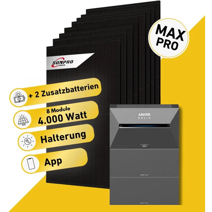 Balkonstrom Balkonkraftwerk 4000W mit Speicher, 2xBifazialen Solarmodulen, 5 kWh Anker Solix 4 Pro, Biberschwanzdachhalterung, 15m Kabel