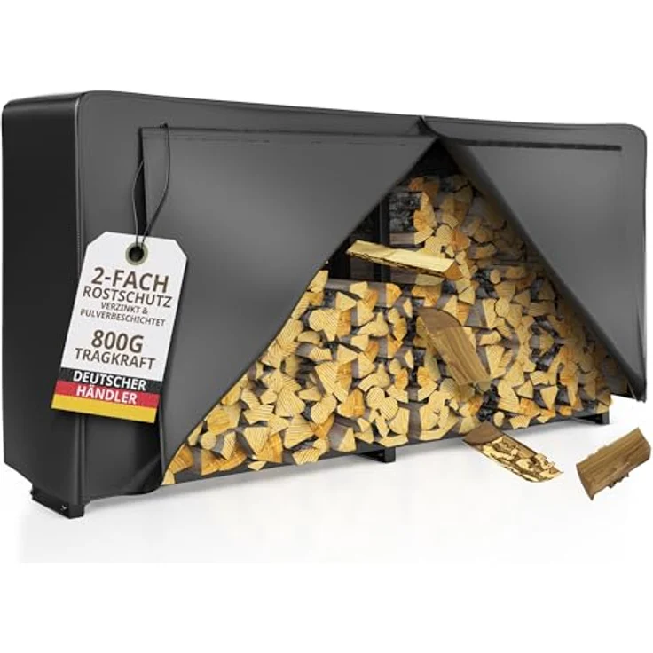 LAWA Kaminholzregal Außen, verzinkt mit Dach 223x25x115cm, für 0,9 m³ Holz, inkl. 61cm Abdeckplane, 800kg Tragfähigkeit, Metall Kaminholzunterstand Garten – Bild 1