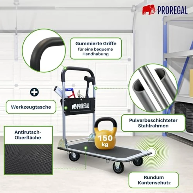 PROREGAL® Transportwagen RHINO, klappbar, 150 kg Traglast, 2x 360° Lenkrollen & 2x Bockrollen mit Feststellbremse, rutschfeste Ladefläche 61x47 cm, inkl. Werkzeugtasche – Bild 2