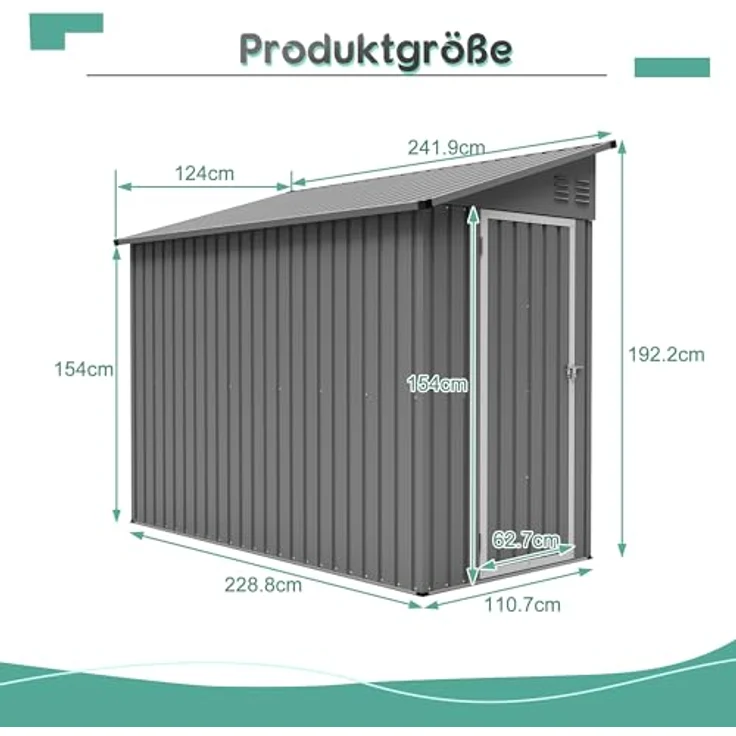 Thanaddo Metall Gerätehaus Gartenhaus 110x229x192cm, wetterfester Geräteschuppen mit Pultdach und Metallfundament, grau – Bild 3