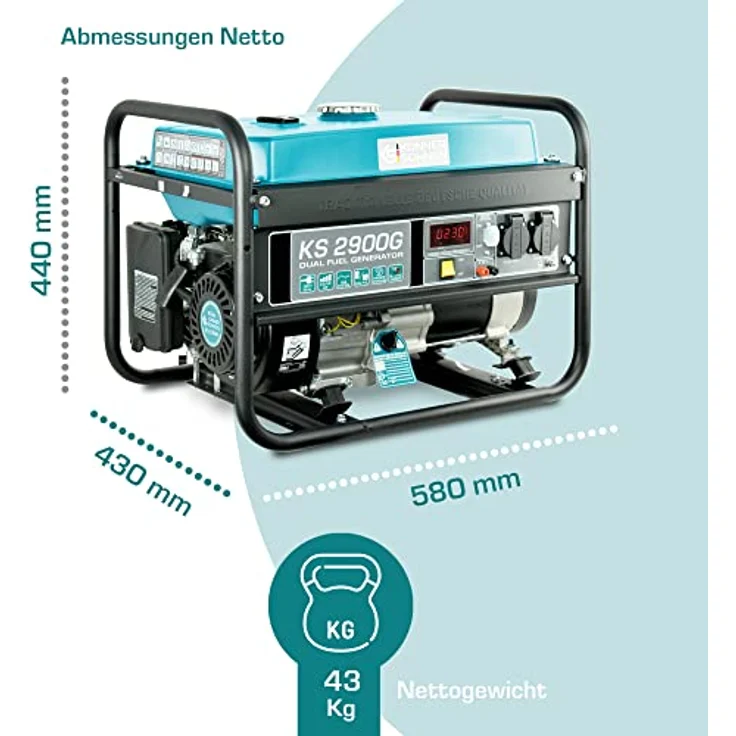 Könner & Söhnen KS 2900G, 2900 W DUAL FUEL Gas- und Benzin-Generator mit Druckminderer und 1,5 m Gasflaschen-Anschlussleitung – Bild 4