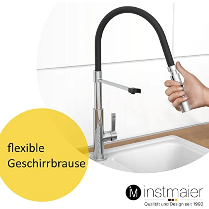 instmaier Küchenarmatur K4, Spültischarmatur mit hohem Auslauf, flexible Handbrause, 2 Strahlarten, schwarz/gräu – Bild 3