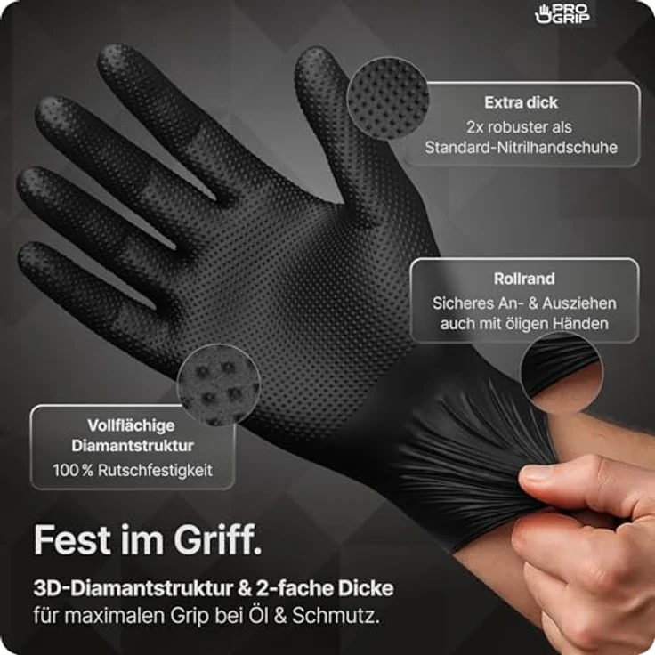 ARNOMED PROGRIP Einweghandschuhe Diamant Grip, Schwarz, Extra starke Nitrilhandschuhe Gr. XXL, 2x dicker, chemikalienbeständig, 50 Stk/Box – Bild 2