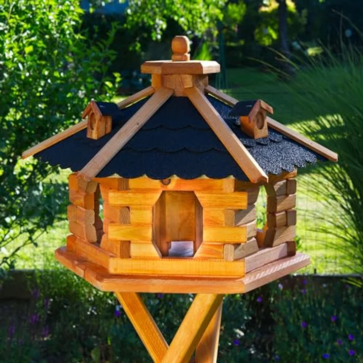 Deko-Shop-Hannusch Vogelhaus wahlweise mit Ständer und Solarbeleuchtung, Verschiedene Größen L - XXL und Dachfarben möglich, Futterhaus mit Futtersilo und wetterfestem Bitumendach, Holz, V16 – Bild 2