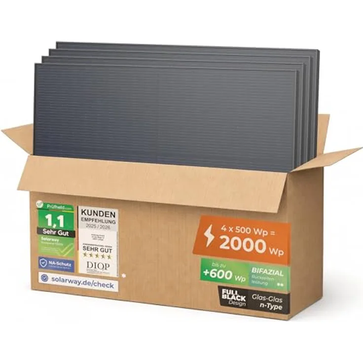 Solarway 500W Full Black Bifazial Glas/Glas Solarpanel, n-type mit 0-5 Watt Leistungstoleranz, ideal für Balkonkraftwerke