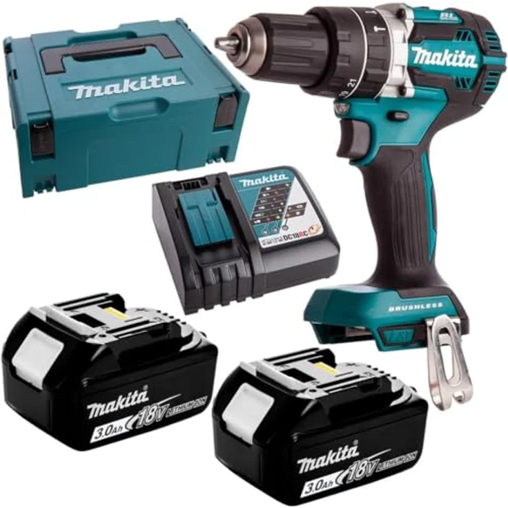 Makita DHP484RFJ, Akku-Schlagbohrschrauber 18V mit 2x3.0 Ah Akkus, Ladegerät, Schwarz-Blau, 2000 RPM, 54 Nm, mit integriertem Licht – Bild 2