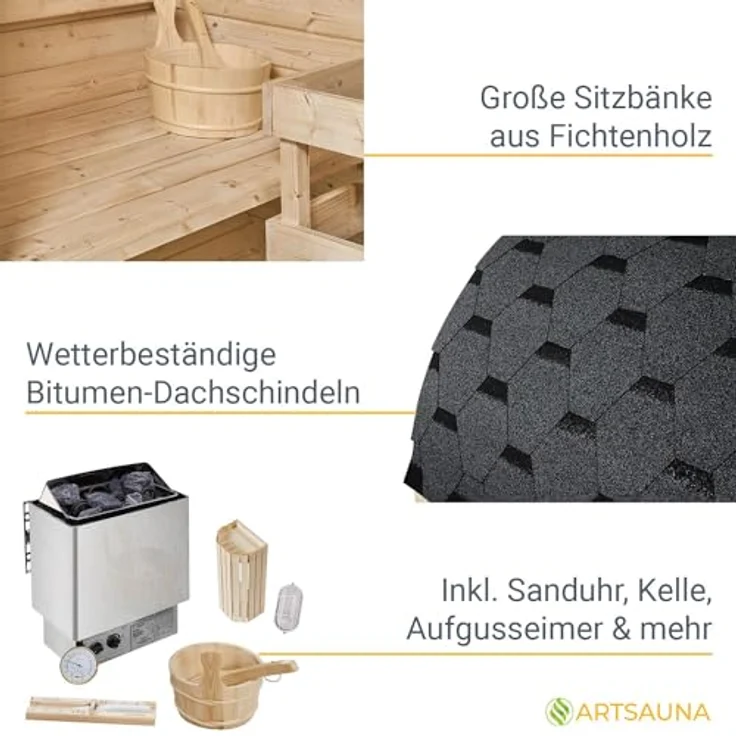 Artsauna Fasssauna Spitzbergen 120, für 2 Personen, Fichtenholz, 3,6 kW Elektro-Ofen, Komplett-Set, Naturfarben – Bild 5