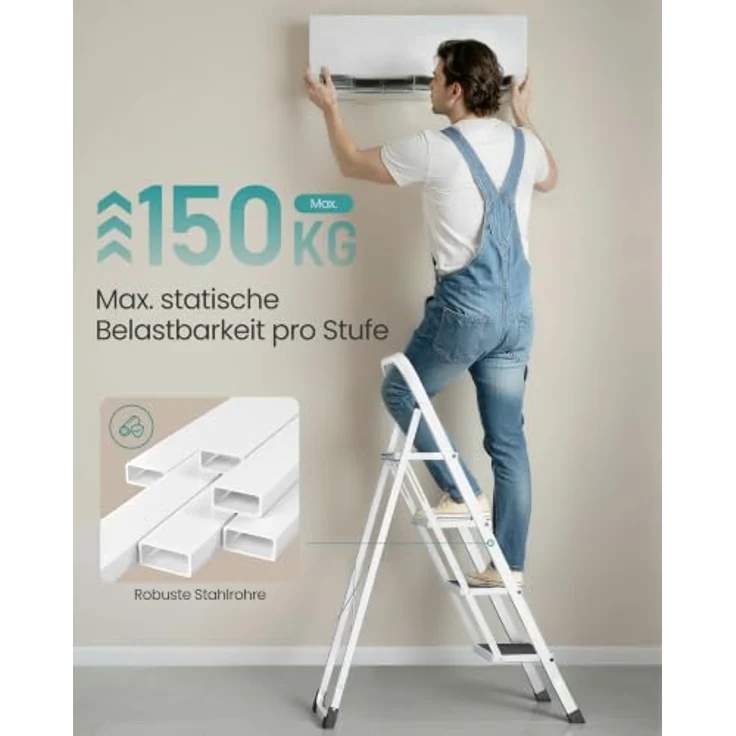 SONGMICS GSL004WZ01 Trittleiter, Klapptritt mit 4 Stufen, bis 150 kg belastbar, weiß, rutschfeste Trittflächen, Klappsicherung – Bild 3