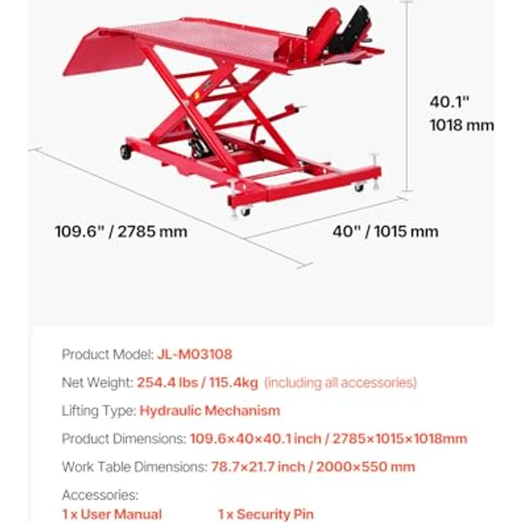 VEVOR Hydraulischer Motorradheber, Motorradlift mit max. Hubhöhe 787 mm, Tragkraft 453,59 kg und Sicherheitsverriegelung für ATVs und Offroad-Motorräder – Bild 7