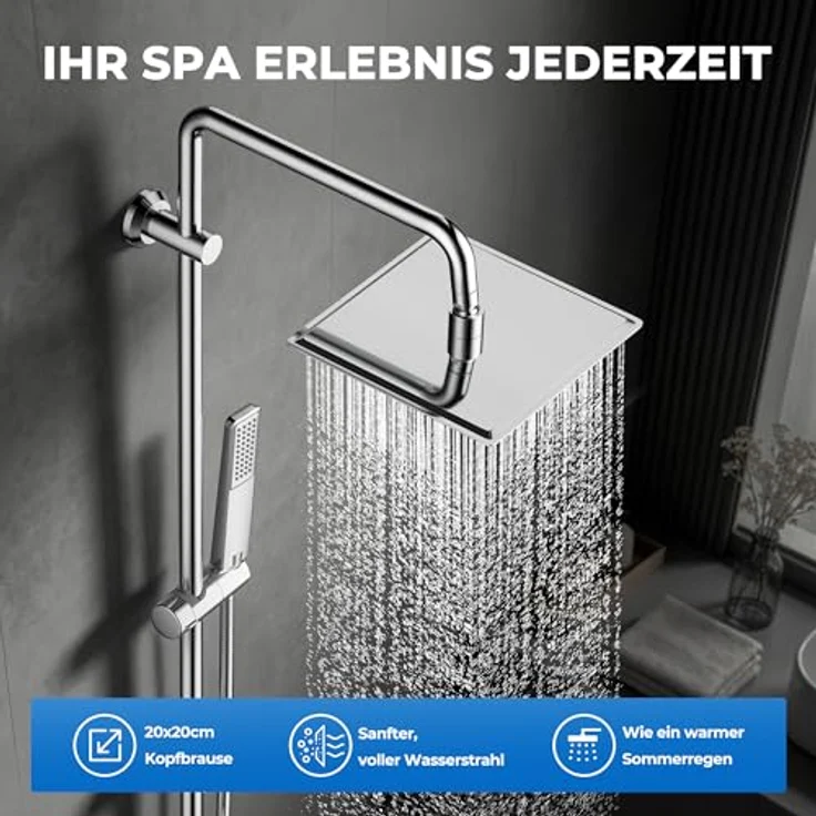 Görbach Regendusche Duschsystem, 20x20cm Edelstahl Kopfbrause mit verstellbarer Duschstange, Chrom – Bild 2
